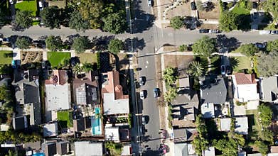 Aerial top view above a small neighborhood in Central Los Angeles