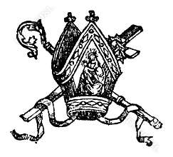Vintage Antique Line Drawing or Engraving Illustration of Bishop Mitre or Miter, Pastoral Staff Crosier and Cross