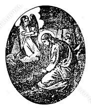 Vintage Antique Religious Biblical Drawing or Engraving of Jesus Christ Talking With Angel or Cherub