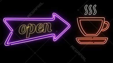 Video with arrow animation with open writing and beer mug and coffee mug with neon effect