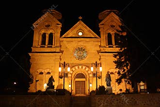 Cathedral in Santa Fe, New Mexico at night