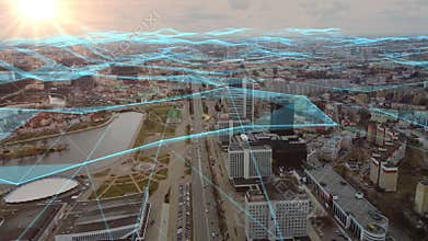 Smart city and communication. Futuristic network concept of city technology. Smart Grid. Conceptual abstract. IOT, AI