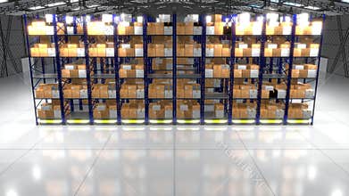 Autonomous robots transporting packages in warehouse - 4k 3D animation