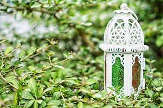 Arabic lantern on the nature background. Ramadan kareem concept.