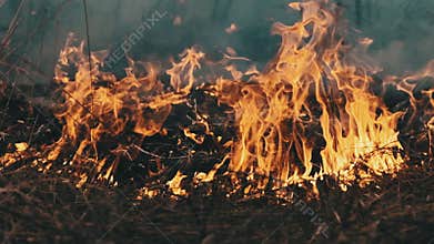 Fire in the Forest, Burning Dry Grass, Trees, Bushes, Flame and Smoke, Wildfires
