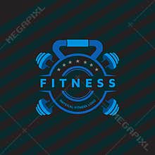 Fitness training and nutrition coaching with dumbbell icon. Virtual CrossFit and fitness vector official logo template