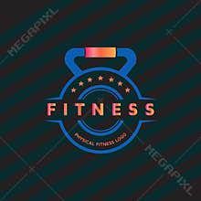 Fitness training and nutrition coaching with dumbbell icon. Virtual CrossFit and fitness vector official logo template