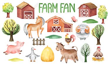 Watercolor set collection of farm houses and pets