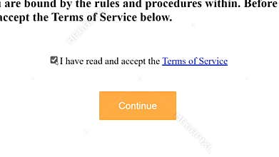 Mouse Cursor Slides Over And Check Box I have Read and Accept Terms Of Service on Web Page Click Continue. Device Screen View