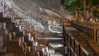 Pyramid of Huaca Pucllana night timelapse, pre Inca culture ceremonial building ruins in Lima, Peru