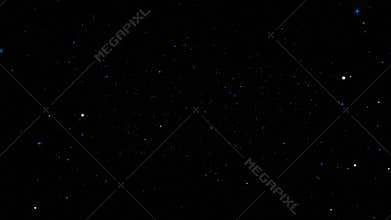 Flying through blue star field in deep space. Abstract cosmic background. Stars or particles on black screen. Space dust