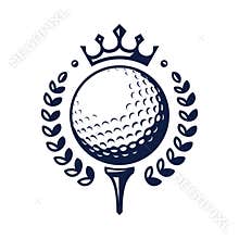 Golf ball vector logo. Golf ball on tee with wreath and crown. Vector illustration
