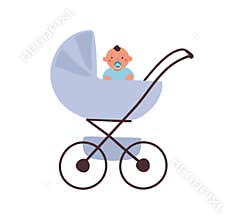 A blue baby carriage with a sitting baby with a pacifier. Element for design about motherhood, transport for a child