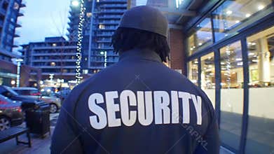 Tracking shot of security guard in uniform patrolling commercial area.