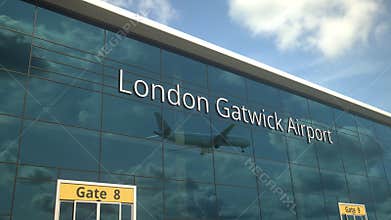 Airliner landing reflecting in the windows with London Gatwick Airport text