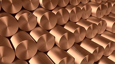 Heap of cupper or brass bars on factoty warehouse. Loop 3d animation