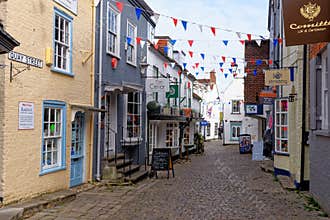 Cobbled Quay Street shops in Lymington - Hampshire UK