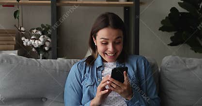 Woman read sms with great news feels happy enjoy moment
