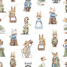 Watercolor seamless pattern with vintage cute animals in clothes