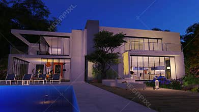 Big contemporary villa animation at night 4k
