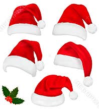 Collection of red santa hats with and holly
