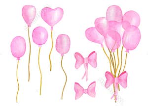 Watercolor pink balloons set. Bunch of air balloons with cute bows. Hand drawn oval and heart shaped balloons for kids