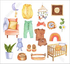 Set watercolor hand drawn boho nursery clipart. Isolated illustrations in Scandinavian style.