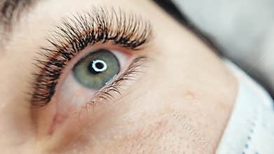Close up of green eye with lash extensions in beauty salon. Fake lashes
