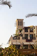 Dubai, UAE - 09.05.2021 - Traditional Arabic cooling wind tower at Madinat Jumeirah. Hospitality