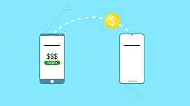 Money transferring 4K animation video. Money transfer from a mobile to another one. A gold coin motion graphics on a light blue