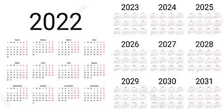 Spanish Calendar 2022 2023 2024 2025 2026 2027 2028 2029 2030 2031 years. Vector illustration. Simple template