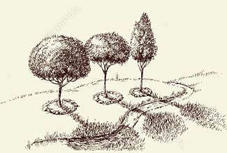 Park alley hand drawing, trees and a footpath