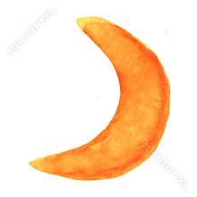 Illustration crescent moon watercolor kids art, orange moon shape clip art media, children hand draw concept