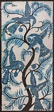 old oriental batik fabric, decorated with stylized birds on a tree