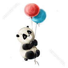 cute little panda with balloons, children&#x27;s illustration with cartoon character, holiday watercolor clipart