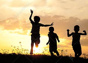 Silhouette, group of happy children