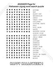 Answer page for Halloween illustrated zigzag word search puzzle