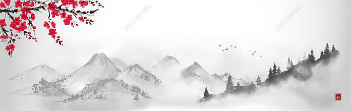 Landscape with sakura blossom and distant mountains. Traditional oriental ink painting sumi-e, u-sin, go-hua