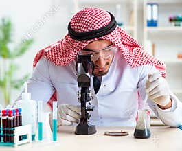 Arab chemist scientist testing quality of oil petrol