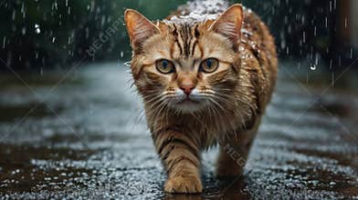 Wet tabby cat walking on the street under the rain