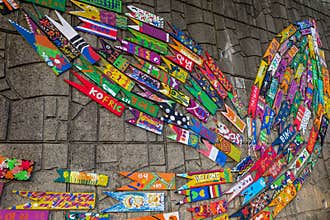 Wall art made of painted wooden fish in Busan Culture Village in Busan, Korea