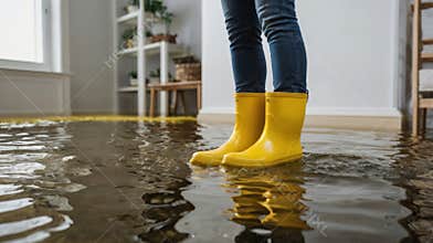 Woman wearing rubber boots standing in living room with flooded floor