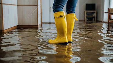 Woman wearing rubber boots standing in flooded house