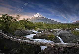 Patagonia, Chile. Osorno Volcano and Petrohue Falls.
