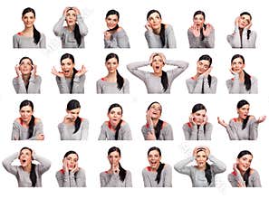 Young woman showing several expressions, isolated