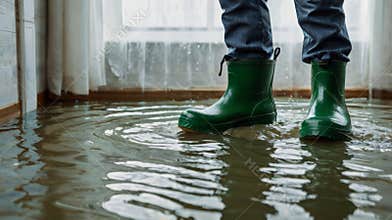 Plumber wearing rubber boots standing in flooded house