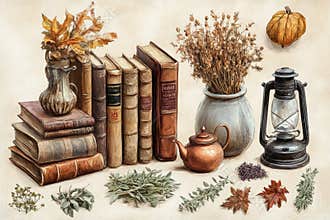 nostalgic autumn clipart, retro autumn clipart featuring old books, lanterns, copper kettles, and dried herbs on a sepia