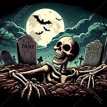 A skeleton is climbing out of an ancient grave, with bats flying overhead, full moon, clouds rolling in, horor, halloween theme