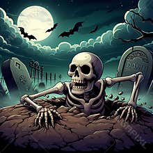 A skeleton is climbing out of an ancient grave, in a full moon night, with froggy and dark, bats flying overhead, horor, cartoon