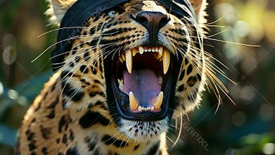 Leopard wearing a black blindfold showing fierce expression in a lush jungle environment